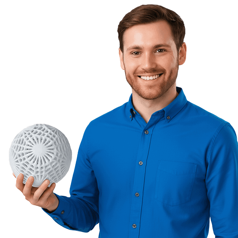 man holding 3d printed sphere